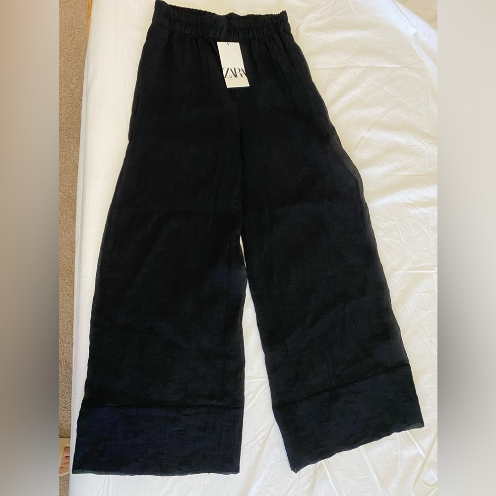 Zara Black Semi-sheer Minimalist Wide Leg Palazzo Pants Elastic waist XS NWT - Picture 9 of 15
